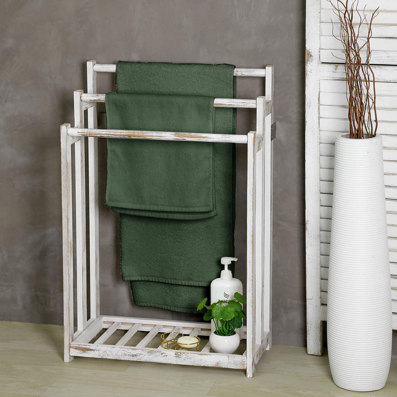 Gracie Oaks Wood Freestanding Blanket Quilts Rack with Bottom Shelf